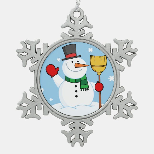 Snowman Snowflake Pewter Christmas Ornament (Front)