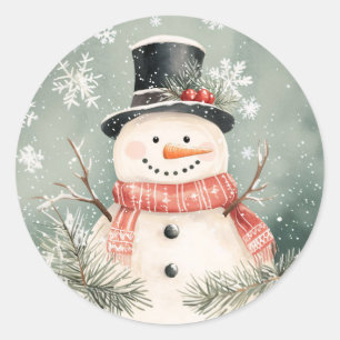 Snowman Snowflakes and Greenery Illustration Classic Round Sticker
