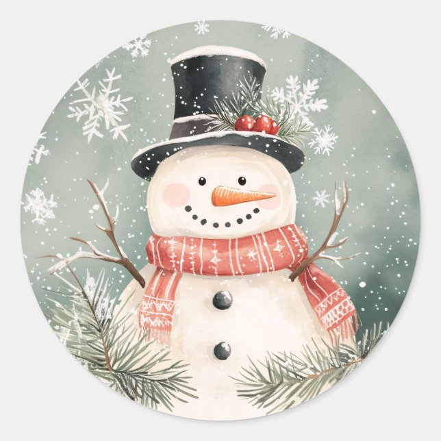 Snowman Snowflakes and Greenery Illustration Classic Round Sticker (Front)
