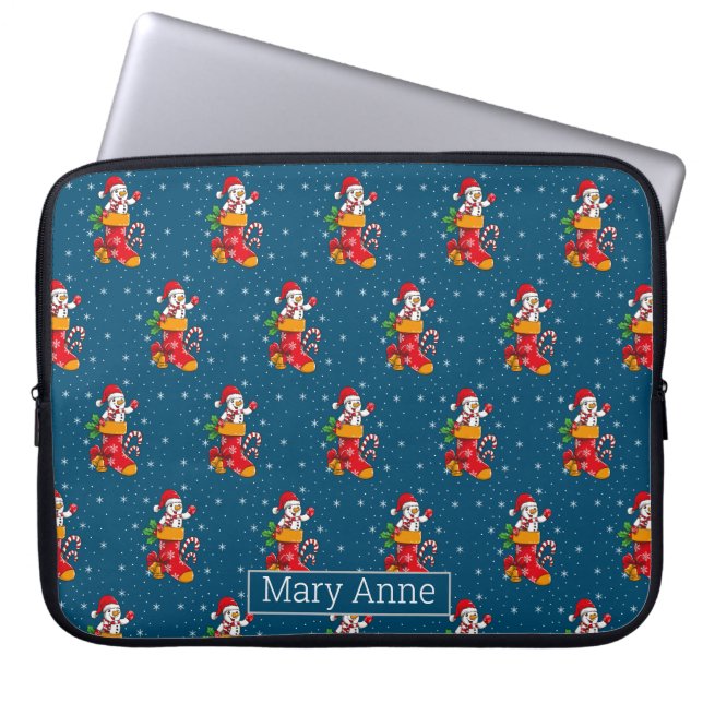 Snowman Snowflakes Christmas Pattern Blue Laptop Sleeve (Front)