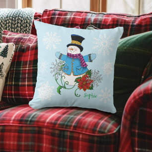 Snowman Snowflakes Poinsettia Cushion