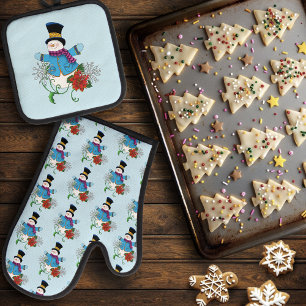 Snowman Snowflakes Poinsettia Oven Mitt & Pot Holder Set