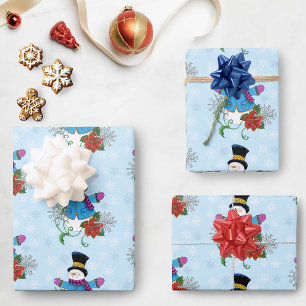 Snowman Snowflakes Pontsettia  Wrapping Paper Sheet