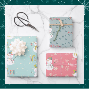 Snowman snowflakes red green christmas wrapping paper sheet