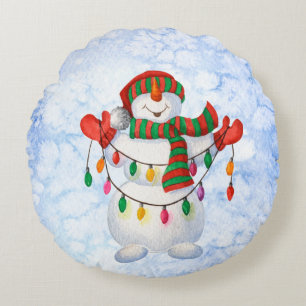snowman snowflakes round cushion
