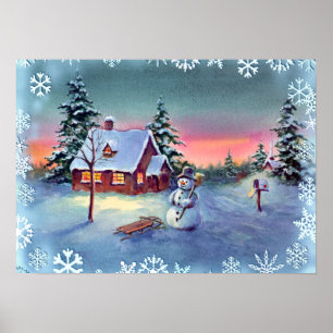 SNOWMAN, SNOWFLAKES & SLED by SHARON SHARPE Poster
