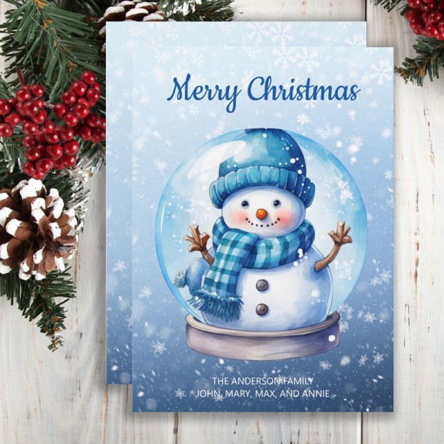 Snowman Snowglobe Blue White Merry Christmas Holiday Card (Christmas greeting card with a cute blue and white Christmas snowman in a snow globe)