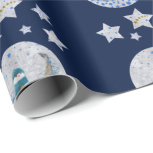 Snowman, sparkly blue stars, gold stars on blue wrapping paper