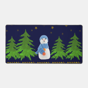 Snowman, Sparkly gold stars, green tree on blue Desk Mat