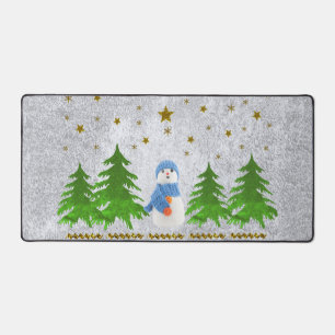Snowman, Sparkly gold stars, green tree on silver Desk Mat