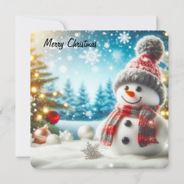 Snowman standing in winter landscape holiday card (Front)