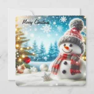 Snowman standing in winter landscape holiday card