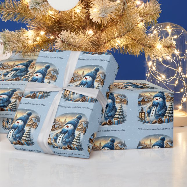 Snowman Starry Night Christmas Wishes Upon A Star Wrapping Paper (Holidays)