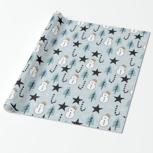 Snowman Stars and Candy Cane Wrapping Paper
