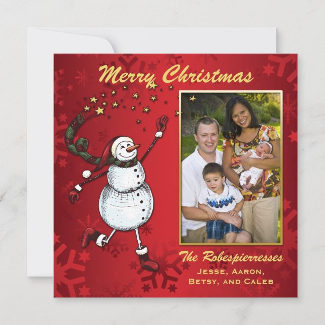 Snowman Stars on Red Photo Holiday Greeting Card (Front)