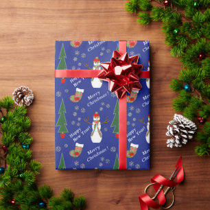Snowman Stocking Christmas Pattern on Blue Wrapping Paper