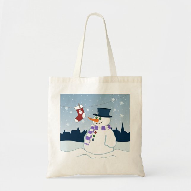 Snowman & Stocking Christmas Tote Bag (Front)