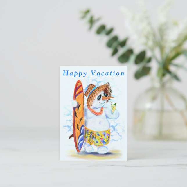 Snowman Surfer Funny Summer Vacation Card (Standing Front)