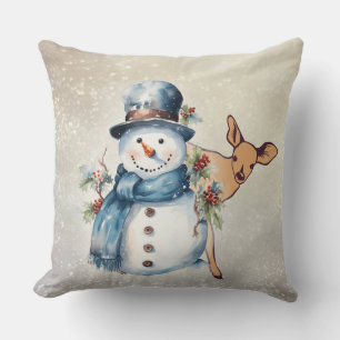 "Snowman Surrounded in Holly" with a Fawn  Cushion