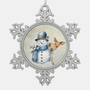 "Snowman Surrounded in Holly" with a Fawn Snowflake Pewter Christmas Ornament