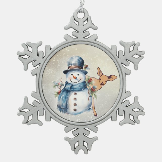 "Snowman Surrounded in Holly" with a Fawn  Snowflake Pewter Christmas Ornament (Front)