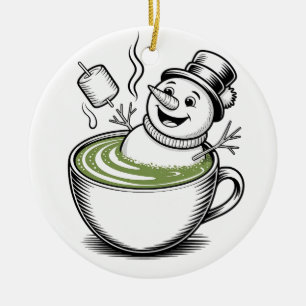 Snowman Taking Bathub On Macha Christmas  Ceramic Tree Decoration