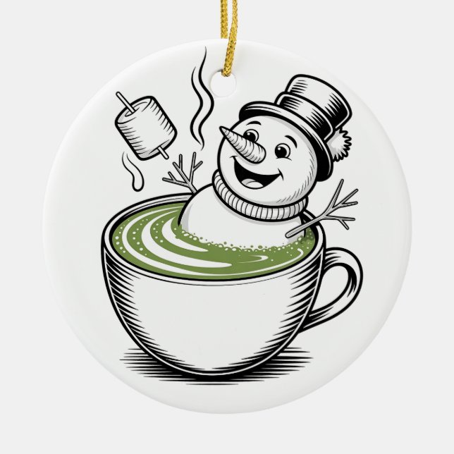 Snowman Taking Bathub On Macha Christmas  Ceramic Tree Decoration (Front)