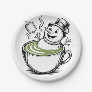 Snowman Taking Bathub On Macha Christmas Paper Plate