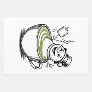 Snowman Taking Bathub On Macha Christmas Wrapping Paper Sheet