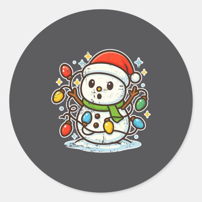 Snowman Tangled In Holiday Lights Premium Tri-blen Classic Round Sticker (Front)