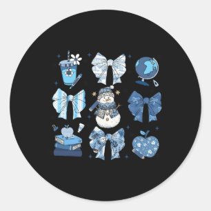 Snowman Teacher Winter Bows Clroom Cute Blue Aesth Classic Round Sticker