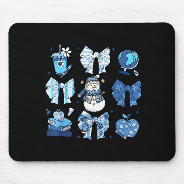 Snowman Teacher Winter Bows Clroom Cute Blue Aesth Mouse Mat (Front)