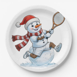 Snowman Tennis Player Christmas 2026 Holiday Sport Paper Plate