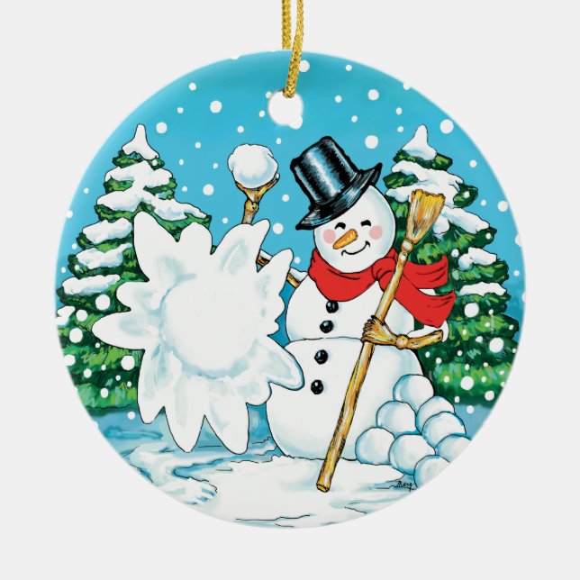 Snowman Throwing a Snowball Winter Fun Splat! Ceramic Tree Decoration (Front)