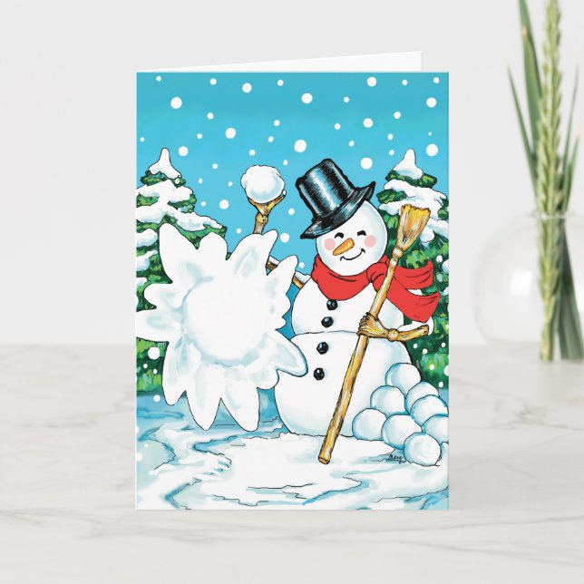 Snowman Throwing a Snowball Winter Fun Splat! Holiday Card (Front)