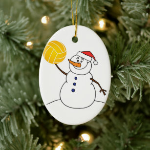 Snowman Throwing Water Polo Ball Ornament. Ceramic Tree Decoration