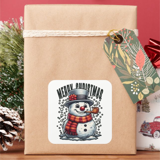 Snowman Top Hat Pipe Merry Christmas Square Sticker (Holiday)