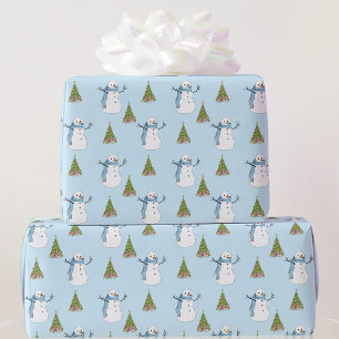 Snowman & Tree Light Blue Christmas Wrapping Paper