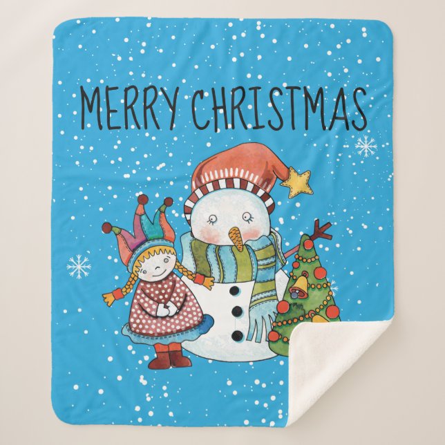 Snowman, Tree & Little Girl Fleece Sherpa Blanket (Front)