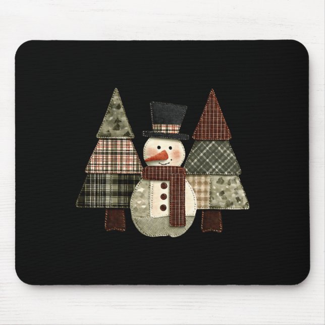 Snowman Trees Patchwork Plaid Trees Rustic Christm Mouse Mat (Front)