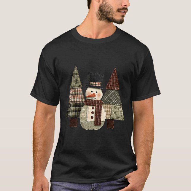 Snowman Trees Patchwork Plaid Trees Rustic Christm T-Shirt (Front)
