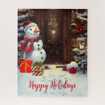 Snowman Vintage Christmas Greeting Jigsaw Puzzle<br><div class="desc">Stay entertained this Christmas season with this puzzle featuring a vintage Christmas scene of an adorable snowman with gifts at the front door of a house. This puzzle would also make a wonderful Christmas gift for a puzzler. The text on the puzzle can be customised with your own or left...</div>