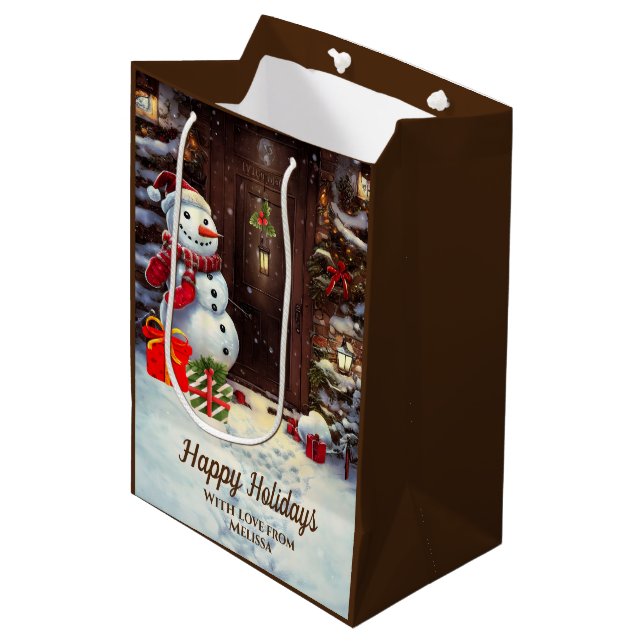 Snowman Vintage Christmas Scene Medium Gift Bag (Front Angled)