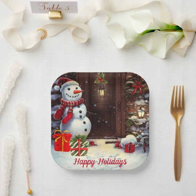 Snowman Vintage Christmas Scene Paper Plate (Wedding)