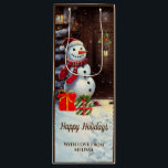Snowman Vintage Christmas Scene Wine Gift Bag<br><div class="desc">This is an adorable Christmas gift bag featuring a Christmas scene of a snowman with gifts at the front door of a house in a vintage watercolor style. The text on the gift bag is customisable with your own.</div>