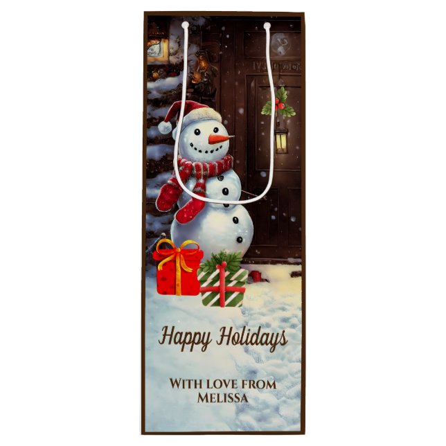 Snowman Vintage Christmas Scene Wine Gift Bag (Front)