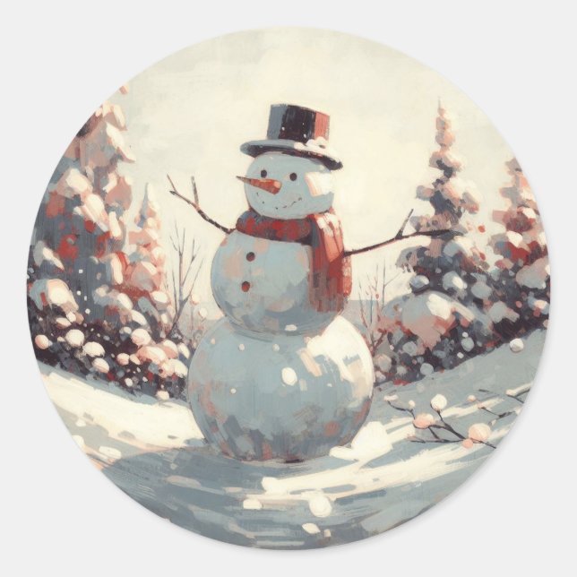 Snowman Vintage Painting  Classic Round Sticker (Front)