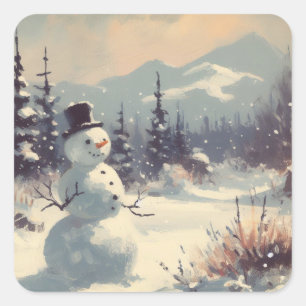 Snowman Vintage Painting Square Sticker