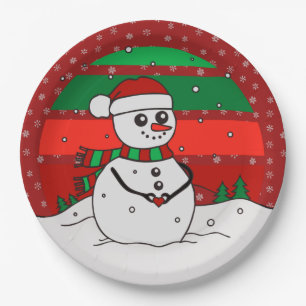 Snowman Vintage Rainbow Snowflakes Red Green 9" Paper Plate