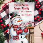 Snowman Warm Cocoa Personalised Christmas Tea Towel<br><div class="desc">Bring cosy winter charm to your kitchen with this personalised Christmas towel featuring an adorable snowman enjoying a cup of cocoa. The heartwarming message "Warm Cocoa, Warm Hearts" makes it perfect for the holiday season. Customise it with your family name for a unique festive touch that adds warmth and personality...</div>